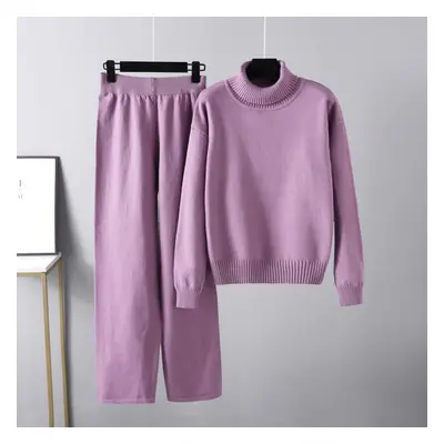 (purple, OneSize) Autumn Winter Women High Neck Solid Color Versatile Outwear Knit Top Casual Pa