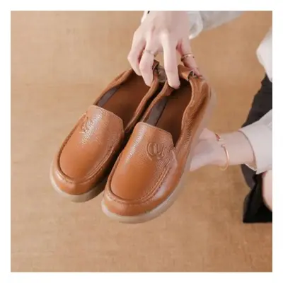 (brown, 39) Johnature Genuine Leather Shallow Flats Casual Cowhide Soft Sole Loafers Handmade Ro