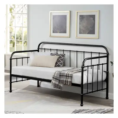 (Black, No Trundle) Ickleford Industrial Living Room Bedroom Metal Day Bed Frame w Optional Gues