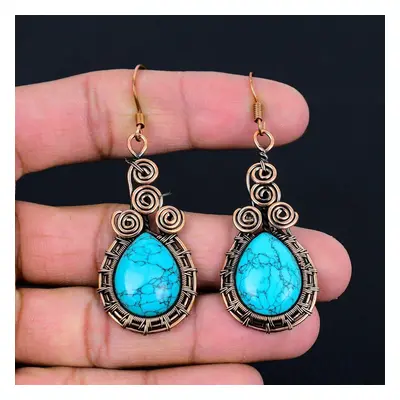 (blue, 2.56 Inches) Turquoise Gemstone Handmade Pure Copper Wire Wrap Jewelry Earrings For Memor