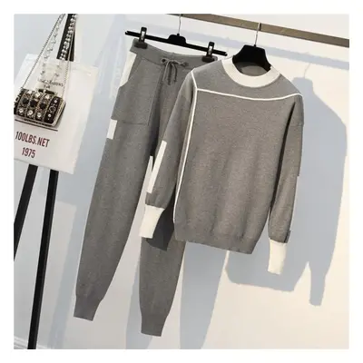 (grey, 2XL) 2pcs/set Knit Piece Set Tracksuits Fall Winter Women Knit Pullover Sweater + Elastic