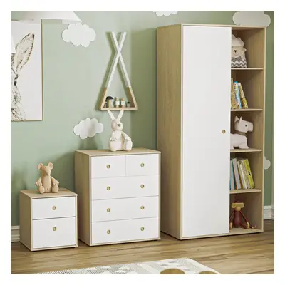 (White & Oak) Neptune Piece Bedroom Set Bedside Chest Wardrobe