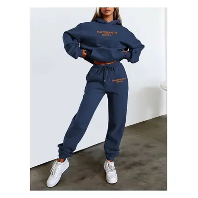 (Dark blue, S) Women's Letter Print Hoodie and Jogger Set Stylish Casual Fleece Loungewear Outfi