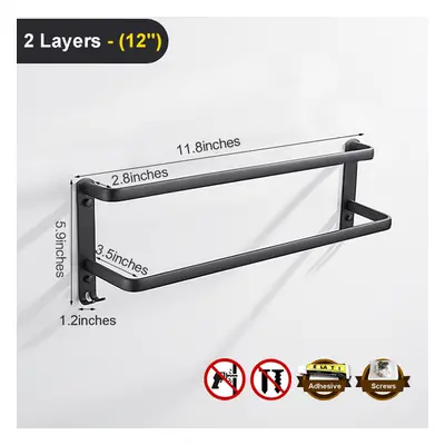 (2, 12Inches) Towel Hanger Wall Mounted CM Towel Rack Bathroom Aluminum Black Towel Bar