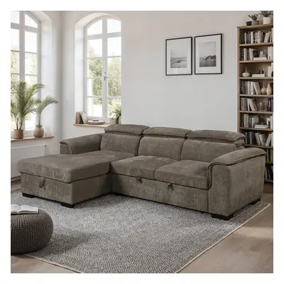 (Mocha) TIVOLI FABRIC PULL OUT SEATER CORNER SOFA BED