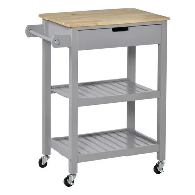 HOMCOM Kitchen Trolley Utility Cart on Wheels with Rubberwood Worktop Towel Rack