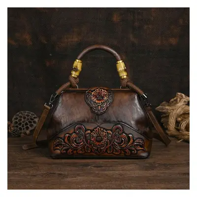 (coffee) Johnature Luxury Handbag Vintage Handmade Leather Carved Women Bag Versatile Female Sho