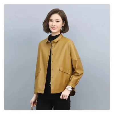 (yellow, XXXXXL) Leather Jacket Women&apos;s Short Spring And Autumn Casual Loose All-match Top