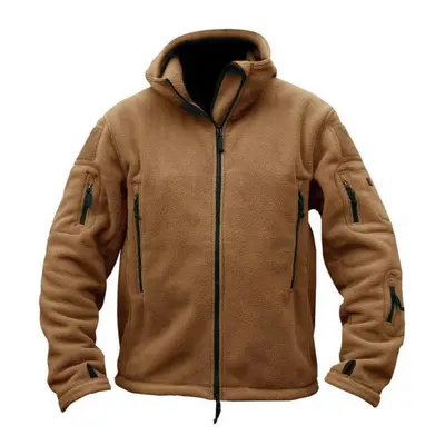 (khaki, L) Men&apos;s Tactical Fleece Jacket Thermal Polar Outerwear Hooded Hiking Coat Warm Win