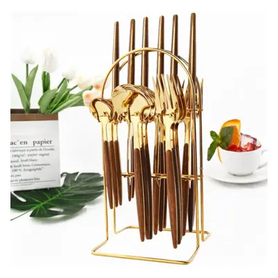 (B-wooden handle-gold) 24pcs Natural Bamboo Handle Cutlery Set Stainless Steel Family Dinnerware