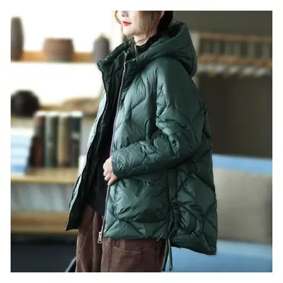 (green, S) Winter Hooded Down Jacket Women White Duck Down Jacket Casual Loose Outwear Hooded Pu