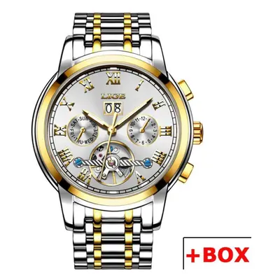 (Gold White) LIGE New Mechanical Men Watches Top Brand Luxury Business Watch Tourbillon Automati