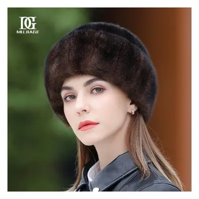 (dark brown, Lï¼58-60cmï¼) Mink Hat Women&apos;s Winter New Mink Fur Top Hat Fashion Warm Vers