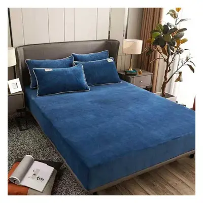 (blue, Bed sheet (150x200x25cm)) Winter Warm Solid Flannel Elastic Band Fitted Sheet Mattress Pr