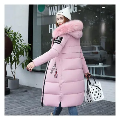 (pink, XXXXL) Women&apos;s Autumn And Winter Long Down Cotton Jacket With Large Down Collar And 