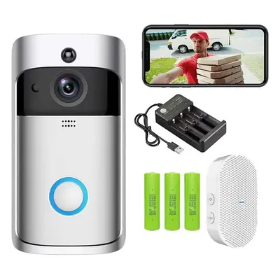 (Siliver Doorbell+Ring Chime+3x2600mAh Batteries) Smart Phone Wireless WiFi Video Doorbell Wirel