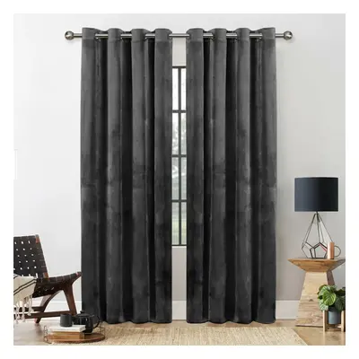 (CHARCOAL, 66X90) THICK VELVET CURTAINS PAIR OF EYELET RING TOP SOFT