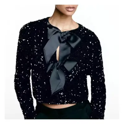 (White, M) Black Bow Tie-front Sequin Jacket Cardigan Top Short Jacket