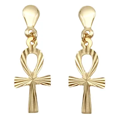 375 9ct Gold Diamond Cut Ankh Cross Earrings.