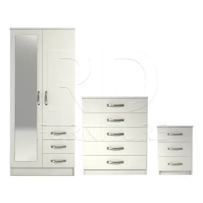 Ready assembled Pcs Classic Door Mirrored Combi Wardrobe, Chest And Bedside Set White