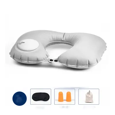 (Grey) Press-inflatable U-shaped Pillow Functional Air Travel Cushion Office Travel Pillow Creat