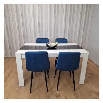 Wooden Dining Table White Black And Tufted Blue Velvet Chairs