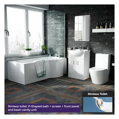 Warton P-Shaped Right Handed Bath, 550mm Vanity Basin Unit, WC Unit and Toilet Suite White