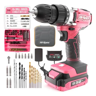 (Pink) Pieces Pink 18V Cordless Drill and Bit Set and Box. Complete cordless drill and drill bit