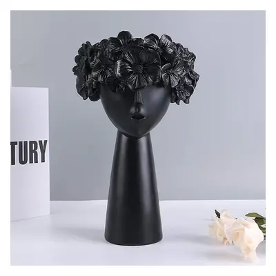 (Black) Creative Vase Girl Head Statue Planter Home Decor Resin Flower Pot Ornament