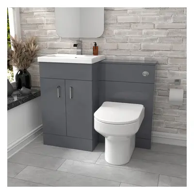 Nes Home Grey Vanity Basin Cabinet, WC Unit & Comfort Back To Wall Toilet