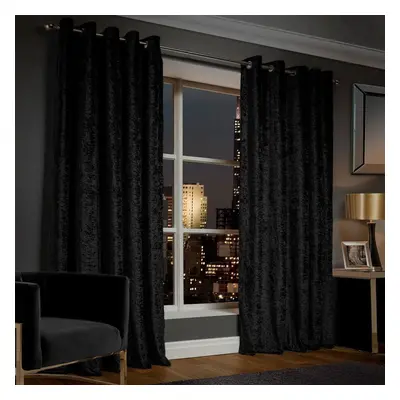 (66" x 90" (168cm x 228cm), Black) Crushed Velvet Blackout Curtain Pair Ringtop Eyelet Curtains 