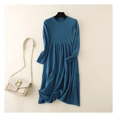 (blue, OneSize) Women Autumn Winter O Neck Long Sleeve Solid Color Loose Knit Sweater Dress