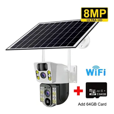 (WIFI Cam 64GB Card) 8mp 4k Wireless Solar Camera 4g Sim Outdoor Dual Lens Wifi Ip Camera Pir Ni