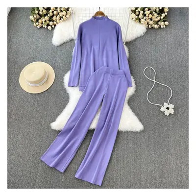 (purple, One Size) Fashion Collar Loose Long-sleeved Irregular Knit Tops High Waist Thin Straigh