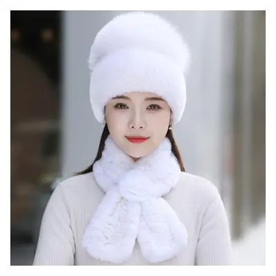 (white, Good elasticity 52cm-60cm) Rex Rabbit Fur Hat Scarf Sets Women Winter Warm Luxury 100% G