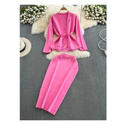 (pink, One Size) Elegant Small Fragrance Style Long Sleeve V-neck Sashes Knit Cardigans + High W