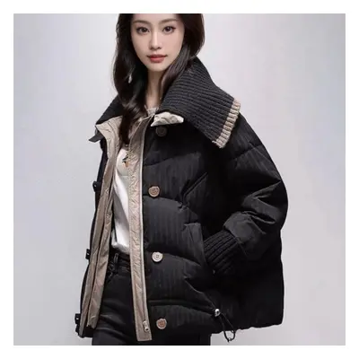 (black, L) Winter Loose Knit Collar Retro Short Cotton Padded Jacket For Women Coat