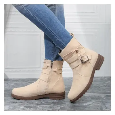 (beige, 38) Womens Classy Elegant Ankle Boots Adjustable Buckled Bands Side Zip Heels Booties Au