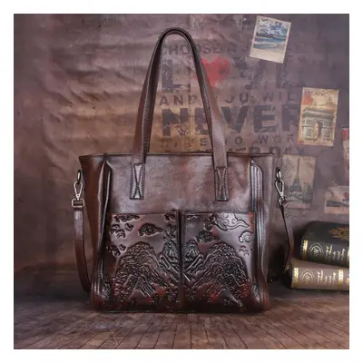 (dark brown) Johnature Retro Genuine Leather Female Bag Large Capacity Casual Tote Handmade Embo