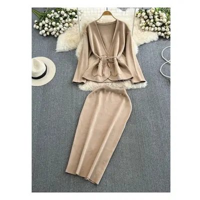 (khaki, One Size) Elegant Small Fragrance Style Long Sleeve V-neck Sashes Knit Cardigans + High 