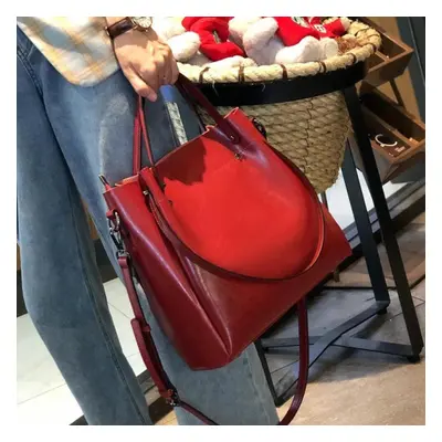 (wine red) Casual Large Capacity Women Tote Shoulder Bag Genuine Leather Ladies Bucket Handbag M