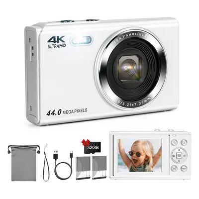 (White) Digital Camera, FHD 1080P 44MP Compact Camera,Vlogging Camera with 32G SD Card, 2.4" LCD