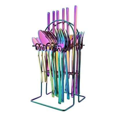 (24pcs+Rack - Rainbow) 24pcs Rainbow Color Cutlery Set Knife Fork Spoon With Rack Dinnerware Set