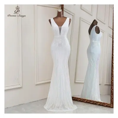 (white, L) Sexy Deep V Neck Style Mermaid Evening Dresses Vestidos Formales Vestidos De Fiesta R