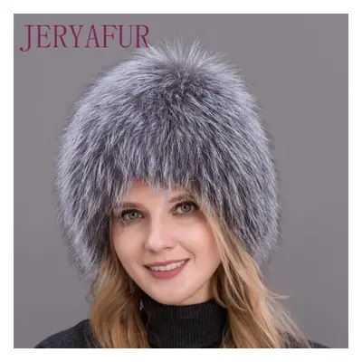 (white) Jeryafur Russia Style Winter Fox Fur Hats For Women Bomber Beanie With Lining For Cold W