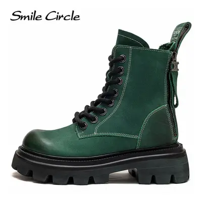 (green, 40) Natural Leather Chunky Women&apos;s Martin Boots High Top Back Zipper Thick Sole Boo