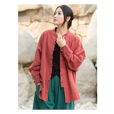 (One Size, red) Johnature Women Chinese Style Linen Shirts Tops Stand Long Sleeve Blouses Spring