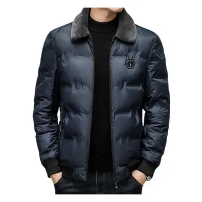 (navy blue, 4XL) Fall Winter Men Jacket Smooth Windproof Thickened Padded Cold Resistant Loose P