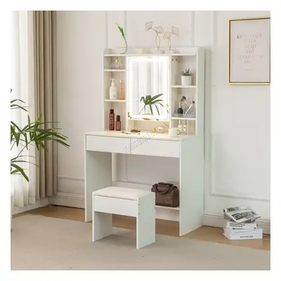 WestWood White Dressing Makeup Table Set Stool LED Mirror Hooks Adjust Shelves