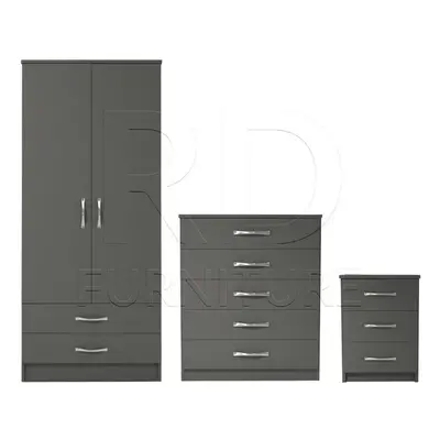 Ready assembled Pcs Classic Door Drawer Wardrobe, Chest and Bedside Set Grey